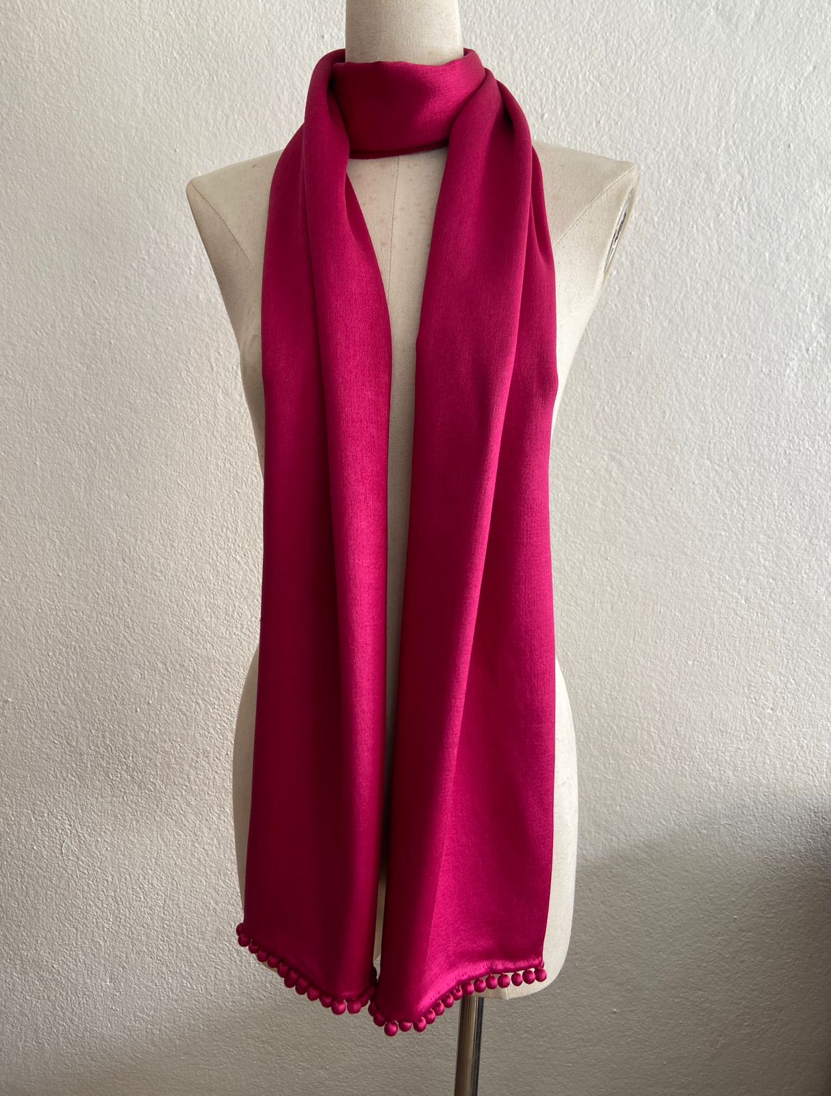 BAJRA Crimson Cashmere Satin Weave Stole with Pom Pom Trim