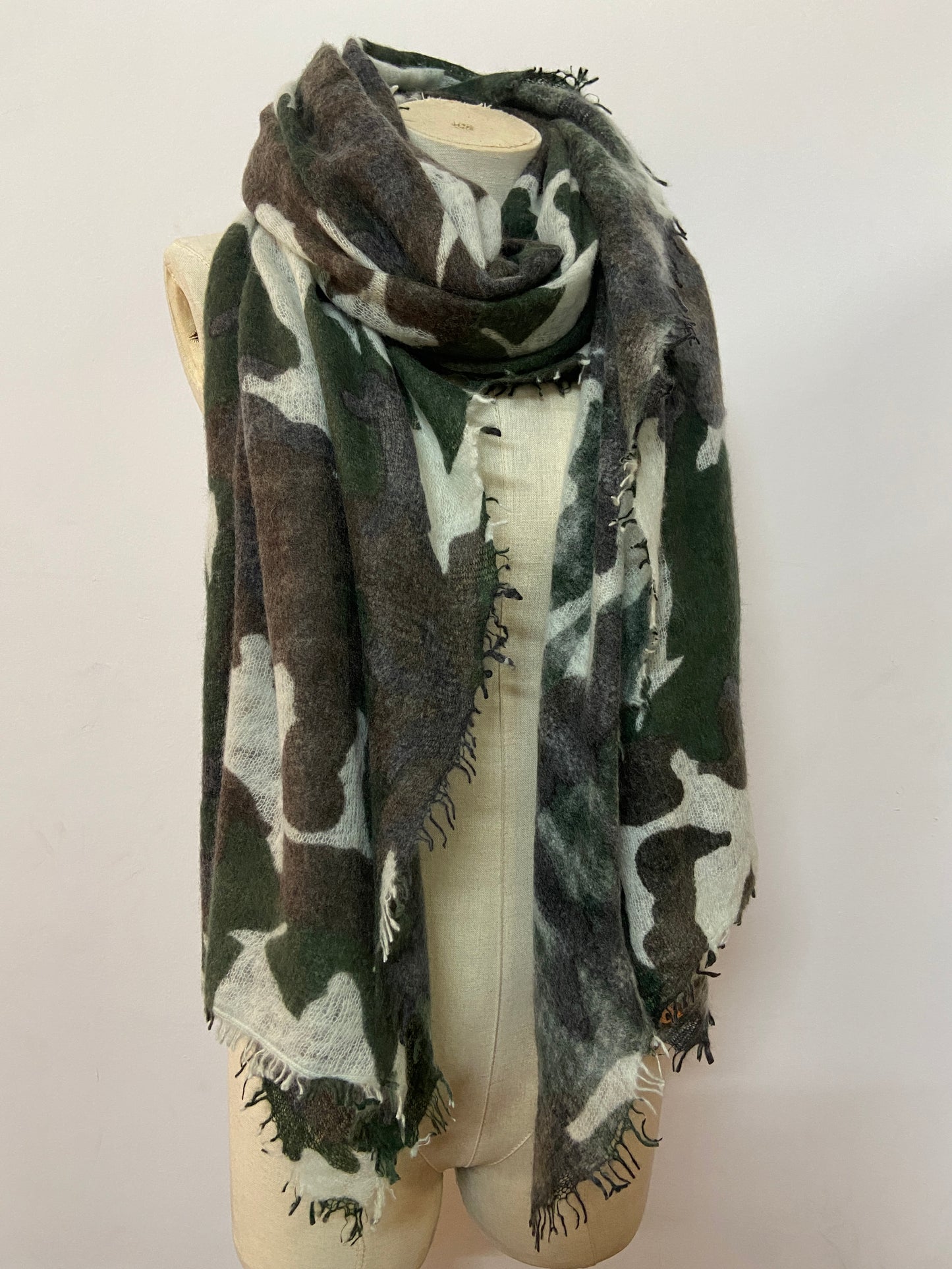 Camouflage Print on Felted Feather Knit Cashmere Shawl