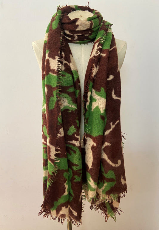 Camouflage Print on Felted Feather Knit Cashmere Shawl