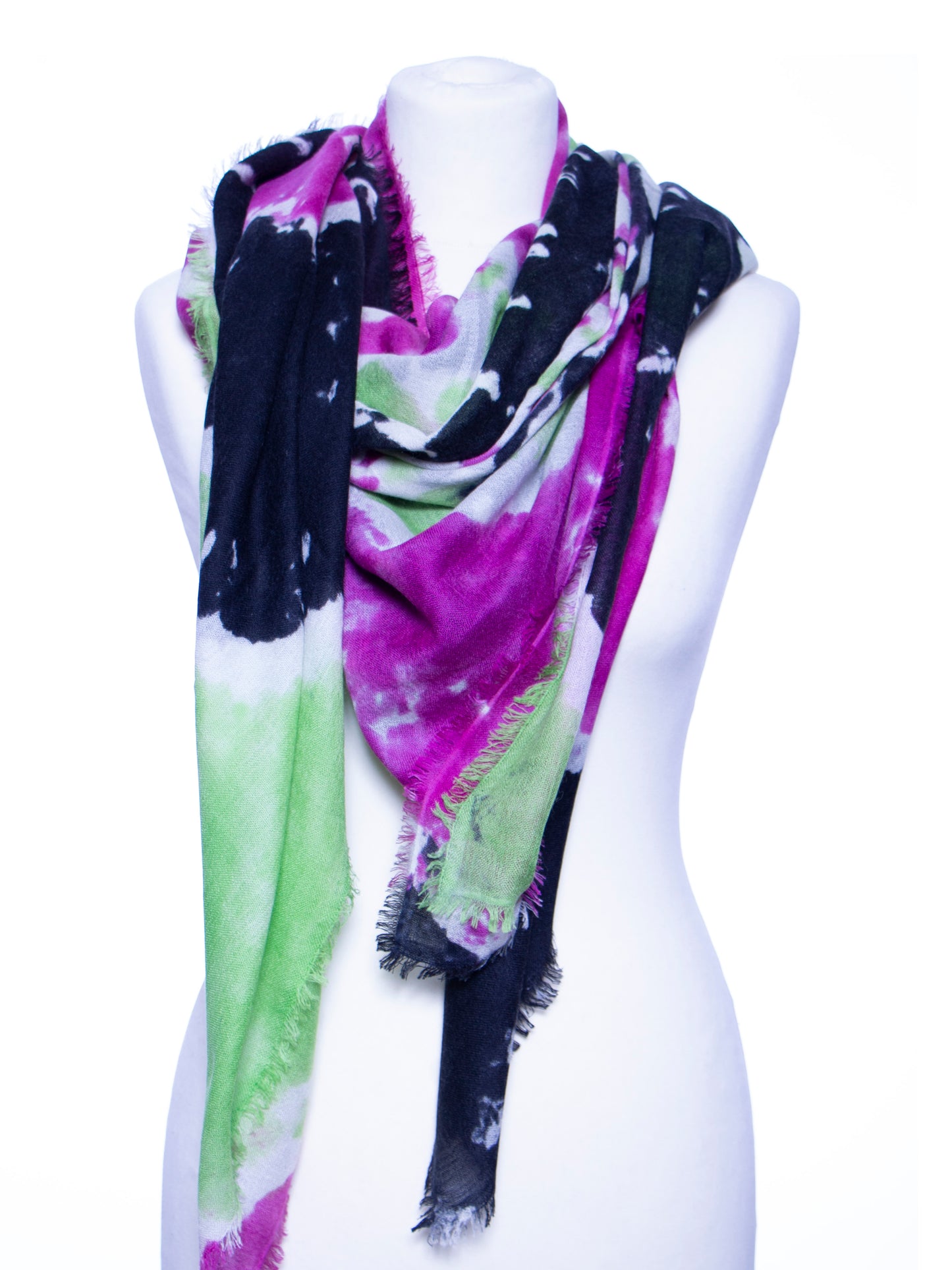 Pink Green Black Wool Silk Multi Color Tie Dye Square