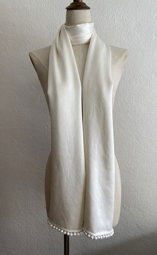 BAJRA White Cashmere Satin Weave Stole with Pom Pom Trim