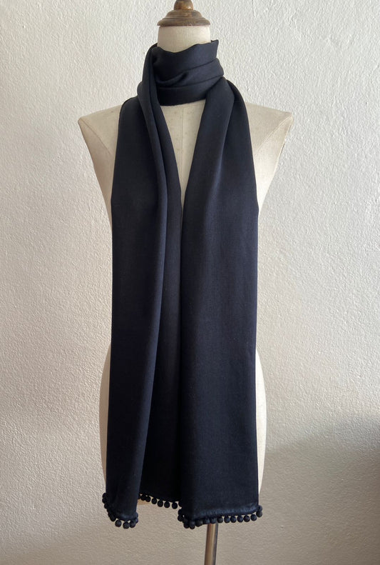 BAJRA Black Cashmere Satin Weave Stole with Pom Pom Trim