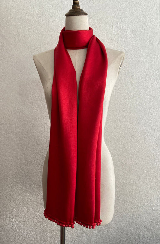 BAJRA Red Cashmere Satin Weave Stole with Pom Pom Trim