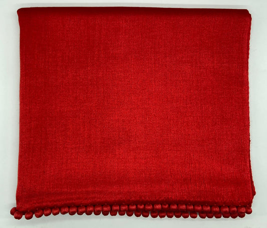 BAJRA Red Cashmere Satin Weave Stole with Pom Pom Trim