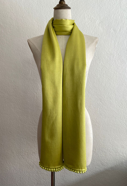 BAJRA Yellow Cashmere Satin Weave Stole with Pom Pom Trim