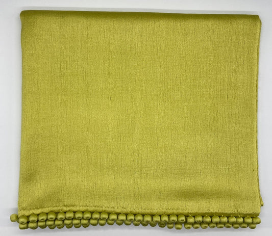 BAJRA Yellow Cashmere Satin Weave Stole with Pom Pom Trim