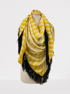 BAJRA Yellow and White Pashmina Tie Dye Triangle Wrap with Black Leather Fringe