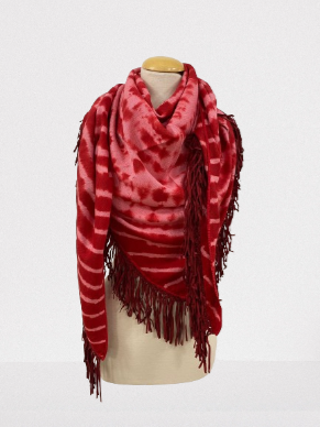 BAJRA Pink and Red Pashmina Tie Dye Triangle Wrap with Mocca Leather Fringe