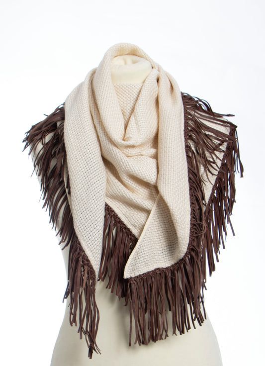 BAJRA Cervinia Scarf Ivory with Brown Leather Fringe