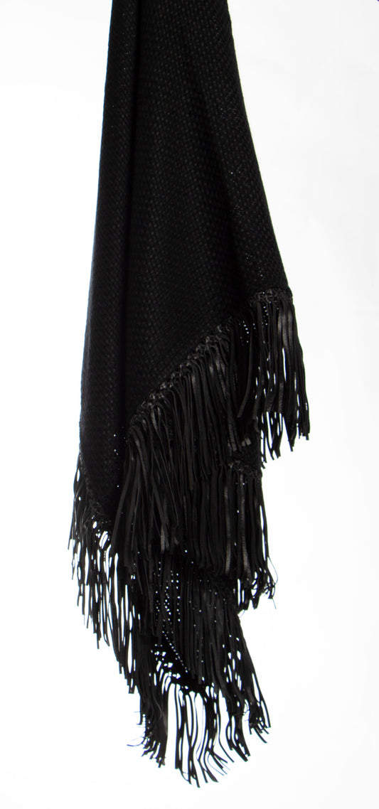 BAJRA Black Cashmere Basket Weave Triangle Scarf  with Leather Fringe
