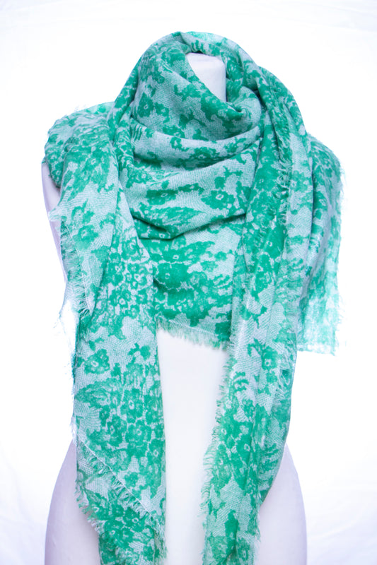 Green Wool Silk Lace Print Square