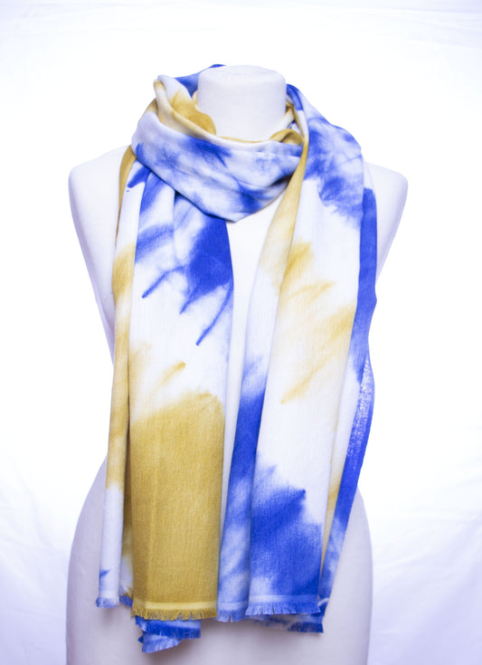 Blue Yellow Diagonal Tie Dye Pashmina Stole